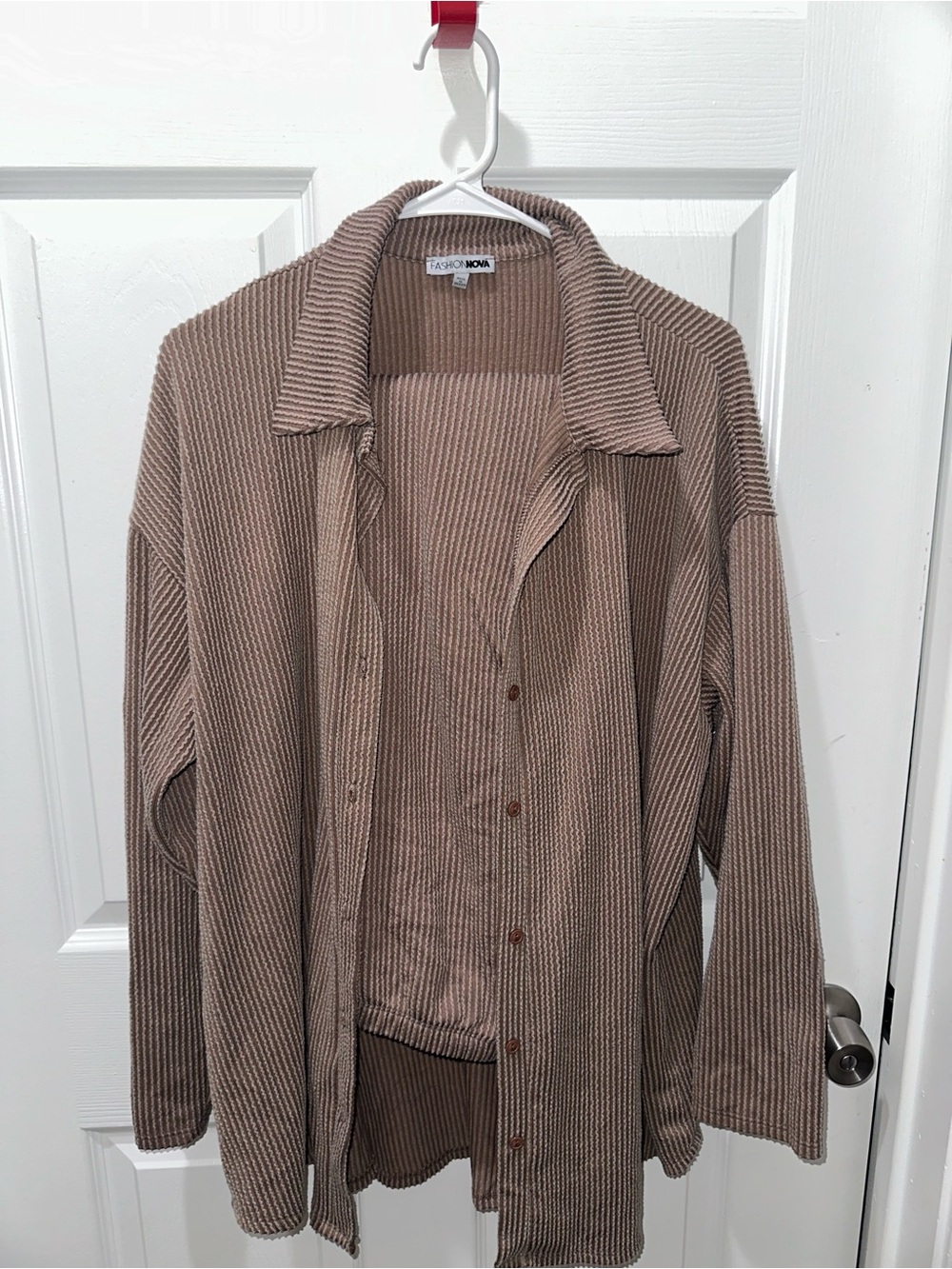 Fashion Nova Ribbed Button-Down Shirt Jacket in Taupe